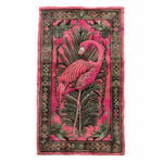 Exotic Paradise Hand Tufted Rug featuring a vibrant pink flamingo standing amidst lush tropical leaves, perfect for adding a touch of the tropics to your living room. This wool area rug is ideal for living room settings, especially in 8x10 sizes, bringing a unique style and warmth to your space.