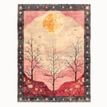 Amber Twilight Hand Tufted Area Rug featuring a serene landscape design with a large sun setting over bare trees, ideal for living room decor. This wool rug offers a blend of warm reds and muted earth tones, perfect for those seeking large living room area rugs to enhance their space.