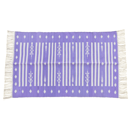 Enhance your space with the captivating charm of the "Handwoven Purple and White Stripe Cotton Rug with Fringes." Its striking purple and white stripes create a bold and stylish statement, while the fringes add a touch of playful elegance. Handcrafted with care, this rug brings both color and texture to your décor, making it a standout piece in any room.