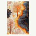 A vibrant Coastal Silhouette Hand Tufted Area Rug perfect for bedrooms and living rooms. The wool rug features an abstract design with warm orange and deep blue tones, resembling coastal landscapes. Ideal for adding a touch of elegance to any bedroom area.