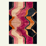A stunning abstract area rug, perfect for a large living room or office, showcasing vibrant pink, orange, and black hues in a hand-tufted wool design. This rug adds modern elegance to any space, making it an ideal choice for those seeking unique wool rugs.