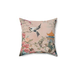 Pink Chinoiserie Garden with Birds Throw Pillow