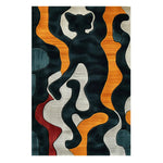 Top view of an Abstract Whisker Hand Tufted Area Rug featuring a dynamic design with bold black, orange, and red swirls. Ideal for dining table settings, this wool rug adds a modern touch to living room and dining room decor.