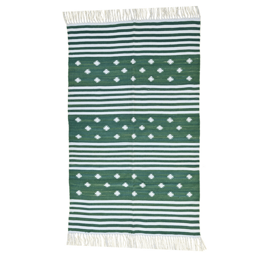 Add a refreshing pop of color to your space with the "Handwoven Green and White Diamond Cotton Rug with Fringes." Its vibrant green and white diamond pattern creates a dynamic visual impact, while the fringes add a charming finishing touch. Handcrafted with care, this rug brings both style and comfort to your home decor.