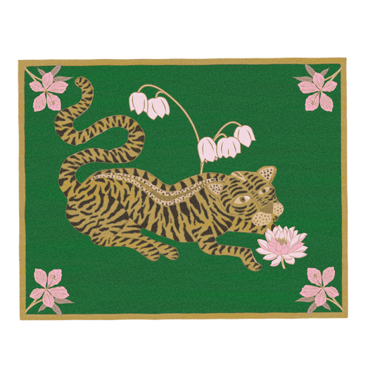 Infuse your space with exotic allure using the "Lotus and Indian Tiger Hand Tufted Wool Rug" in green. This striking rug features a captivating combination of delicate lotus flowers and majestic Indian tigers, evoking a sense of mystery and beauty. Hand-tufted from luxurious wool, it adds a touch of elegance and sophistication to any room, creating a focal point that sparks imagination and intrigue.
