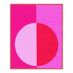 A vibrant area rug with a minimalist geometric design, featuring bold pink and red hues with a large central circle. This hand-tufted wool rug adds a touch of vintage charm to any living room. Perfect for an 8x10 space, it offers both style and comfort.