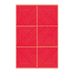 Top view of a contemporary red geometric area rug, hand tufted from wool, ideal for dining rooms. The design features bold, angular patterns creating a striking visual impact, perfect for enhancing dining room aesthetics.