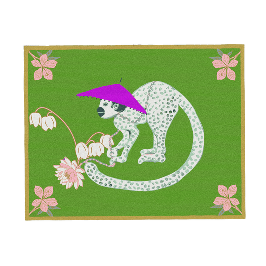 Bring a playful and charming vibe to your space with the "Pink Hat Monkey and Lotus Hand Tufted Rug." Featuring a whimsical design of a monkey wearing a pink hat amidst delicate lotus flowers, this rug adds a touch of whimsy and joy to any room. Hand-tufted with care, it combines artistry with comfort, creating a unique statement piece that invites smiles and laughter.