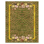 A beautiful hand-tufted area rug featuring a rich green background adorned with floral patterns on its borders. The vintage rug design, perfect for dining rooms or bedrooms, adds elegance and warmth. This wool rug showcases intricate detailing and vibrant colors, ideal for enhancing the decor as a bedroom rug or dining room carpet.
