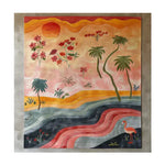 A vibrant hand-tufted wool area rug showcasing an abstract design with tropical elements, perfect for enhancing the living room space. The rug features a sunset scene with palm trees and flowers, combining warm and cool tones, ideal for those seeking unique area rugs for living room decor.