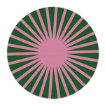 This vibrant contemporary area rug features a striking design with a central pink circle radiating green and pink rays. Perfect for adding a bold touch to any living room, this round hand-tufted wool rug is not only stylish but also durable, making it an ideal choice for area rugs for living room spaces.