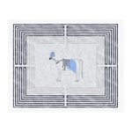 Elegant Classic Horse Silver Maze Hand Tufted Area Rug, perfect for enhancing the decor of offices, living rooms, and dining rooms. The rug features a central horse motif with a sophisticated maze pattern in silver, crafted from high-quality wool for a luxurious touch.