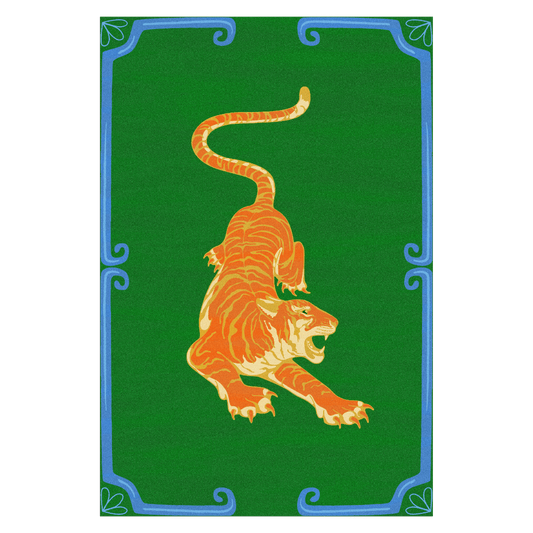 Orange Tiger Green Hand Tufted Rug" - A stunning rug featuring a majestic tiger on a lush green background. Hand-tufted with precision, it brings exotic allure and sophistication to your space