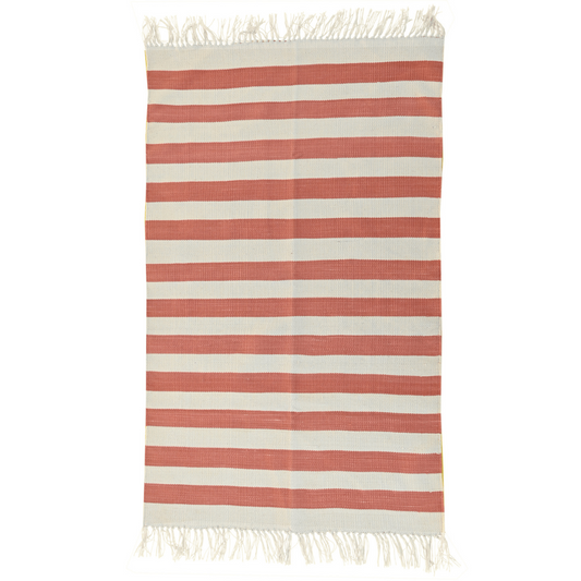  Brighten up your space with this handwoven orange and white stripe cotton rug. Its vibrant colors and classic pattern add a cheerful touch to any room. Finished with fringes for added flair, this rug brings both style and comfort to your home decor.