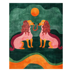 The Duo Tails Hand Tufted Rug is a vibrant area rug, perfect for adding a splash of color to your living room or bedroom. Featuring an abstract design with two stylized animals facing each other under a round sun, the wool construction ensures durability and a soft texture.