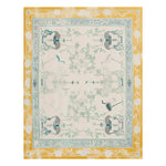 Top view of a Folk Radiance Hand Tufted Area Rug, showcasing an intricate design with floral and abstract patterns in soft pastel colors, bordered by a vibrant yellow edge. Perfect for adding elegance to any living room, this wool rug combines style and comfort, making it an ideal choice for those seeking quality rugs for living room spaces.