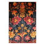 A vibrant Ebony Flora Hand Tufted Area Rug featuring an intricate floral design with rich hues of red, orange, and yellow on a deep black background. This wool rug adds warmth and elegance, making it perfect for large area rugs in the living room.