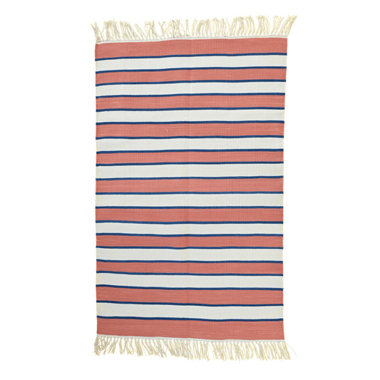 Enhance your space with a touch of warmth and elegance using the "Handwoven Peach and White Stripe Cotton Rug with Fringes." Its soft peach and white stripes exude a sense of tranquility and sophistication, while the fringes add a charming detail. Handcrafted with care, this rug brings both style and comfort to any room in your home.