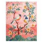 Blushing Birds Garden Hand Tufted Area Rug featuring vibrant floral and bird design, perfect for adding a touch of nature to your office or bedroom. This wool rug showcases a beautiful pink background with detailed birds and blossoms, ideal for those seeking unique rugs for office spaces or elegant bedroom area rugs.