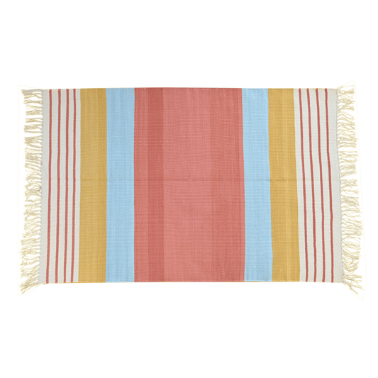 Handwoven Peach and Blue Ombre Cotton Rug with Fringes