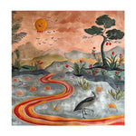 Explore the captivating 'Dusk Delight Harmony' hand-tufted wool rug, perfect for enhancing your living room. This large area rug features a serene landscape with a flowing river, lush greenery, and a majestic bird under a warm sunset. Ideal for those seeking area rugs for living room to add a touch of elegance and warmth.