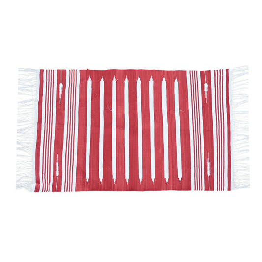 Elevate your space with the simple yet stylish "Handwoven Red and White Stripe Minimalistic Cotton Rug with Fringes." Its clean lines and minimalist design in red and white exude modern sophistication, while the fringes add a playful touch. Handcrafted with care, this rug brings both elegance and comfort to any room in your home.