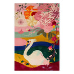 Vibrant and colorful area rug featuring an abstract design of a swan surrounded by floral patterns in a mix of pink, orange, and green hues. This wool rug adds a lively touch to any living room décor, perfect for those seeking large area rugs with a unique artistic flair.