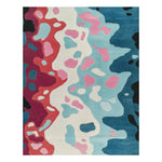 Flow State Hand Tufted Rug showcasing an abstract, colorful design with vibrant hues of blue, red, pink, and white. Perfect as an area rug for large living rooms or under a dining table, this contemporary wool rug brings a modern touch to any dining room or living room setting.