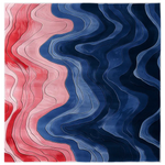 A vibrant area rug featuring a wavy, abstract design with rich shades of red and blue, creating a dynamic visual flow. Perfect for adding a modern touch to any room.