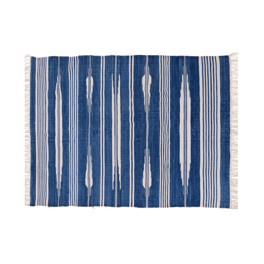 Infuse coastal charm into your space with this handwoven blue and white stripe patterned cotton rug. Its timeless design evokes a sense of relaxation, while fringes add a touch of elegance. Durable and soft, this rug effortlessly enhances your home decor.
