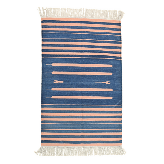 Immerse yourself in tranquility with the "Handwoven Peachy Azure Serenity Fringe Haven" cotton rug. Its soothing peachy hue blends seamlessly with calming azure tones, creating a serene atmosphere in any space. Finished with delicate fringes, this rug offers both comfort and style for a peaceful haven in your home.