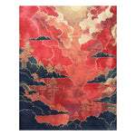 The Ethereal Mist Hand Tufted Rug showcases a vibrant abstract design with rich red and navy hues, perfect for adding a touch of elegance to any bedroom. This wool area rug features intricate cloud patterns and a radiant sun, making it an ideal large area rug for those looking to enhance their bedroom decor with style and comfort.