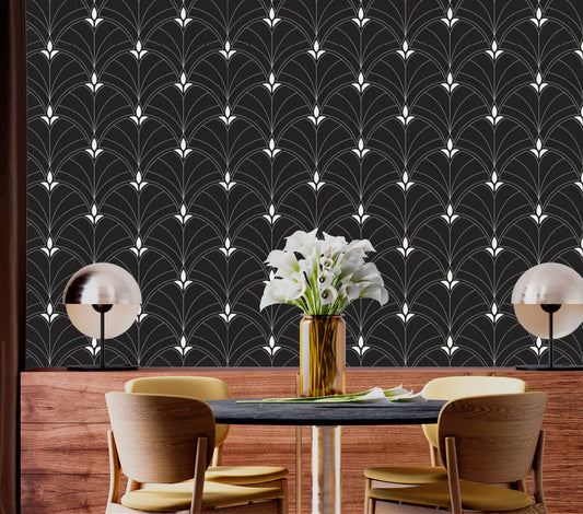 Immerse yourself in the allure of "Monochrome Majesty" with this black and white Art Deco arch wallpaper. Bold geometric patterns and sleek lines evoke the elegance of the Art Deco era, adding a touch of sophistication to any space. Elevate your décor with this timeless wallpaper that exudes regal charm and majesty.