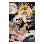Vibrant hand tufted area rug featuring an intricate design of celestial dragons swirling amidst clouds and a full moon. Ideal for adding a statement to large living rooms and dining rooms, this wool rug blends artistic flair with luxury.
