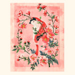 Blushing Bird Oasis Hand Tufted Area Rug featuring a vibrant pink and coral design with a bird perched among blooming flowers. Ideal for adding a touch of elegance to your bedroom or as a dining room carpet under the dining table. This wool rug combines artistic flair with practical comfort.