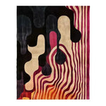 A vibrant abstract ink blot hand tufted area rug, showcasing bold, wavy patterns in shades of black, beige, red, and orange. This wool rug is perfect for adding a modern touch to living room area rugs or dining room carpets.