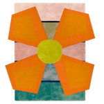 A vibrant area rug featuring a bold, abstract flower design in bright orange and green on a soft gradient background. This hand-tufted wool rug is perfect for adding a pop of color to large living rooms or formal dining areas.