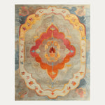 An exquisite Antique Allure Hand Tufted Area Rug featuring a rich, colorful abstract design with vibrant orange, red, and blue hues, ideal for adding warmth and style to a dining room or living room. This wool rug brings elegance to any space, making it perfect for dining room area rugs or as a centerpiece in rugs for living room.