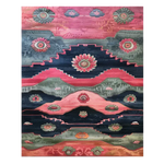 A vibrant Aztec Echoes Hand Tufted Area Rug featuring abstract geometric and floral patterns in rich hues of pink, blue, and green. Perfect for adding a touch of elegance to bedrooms or offices, this wool rug blends seamlessly with various decor styles, making it an ideal choice for bedroom rugs or office rugs.