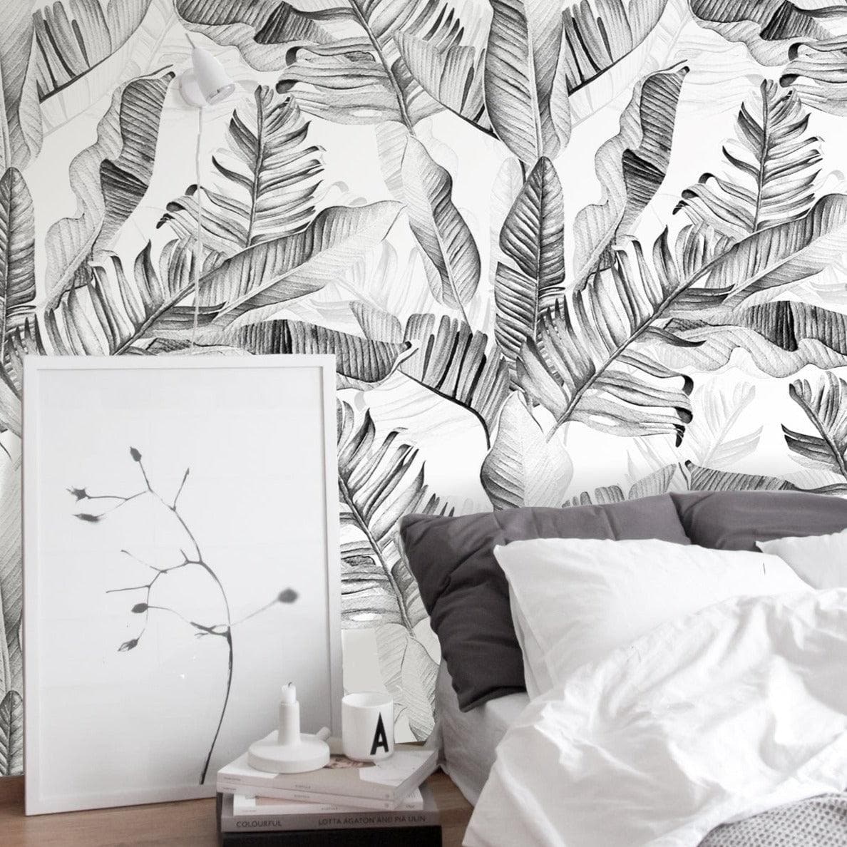Banana Leaves Wallpaper, Palm Leaves Line Art Pattern Peel and Stick Wall  Mural.