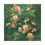 The 'Blooming Beauty Square Hard Viscose Tuft Rug' showcases a vibrant design with colorful birds and pink blossoms against a lush green background. This area rug is perfect for enhancing the elegance of a living room, offering the durability and softness of a wool rug. Ideal for large living room spaces, it adds a touch of nature-inspired artistry to any home decor.