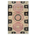 Blossom Mandala Hand Tufted Rug featuring a vibrant geometric design, perfect for adding a pop of color to your living room or dining room. This wool area rug showcases intricate patterns with pink and black circular motifs on a neutral background, ideal for dining room area rugs.