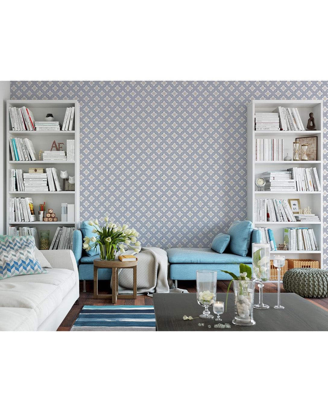 Blue and Gold Flower Tiles Removable Wallpaper 