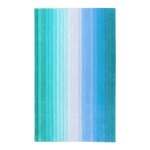 Top view of a Blue and Green Ombre Stripe Hand Tufted Wool Rug, perfect for adding a touch of elegance to your living room or dining room. This area rug features a gradient of colors transitioning from blue to green, ideal for placing under a dining table.