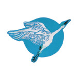 Stylish area rug featuring a blue Chinoiserie crane design over a sun motif, perfect for adding elegance to your office or bedroom. This hand-tufted wool rug is ideal for those seeking unique round rugs to enhance their office decor.