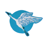 A beautifully hand-tufted wool area rug featuring an elegant blue Chinoiserie crane soaring over a sun motif. Perfect for adding a touch of sophistication to large living rooms, this round rug serves as a stunning centerpiece among living room area rugs.