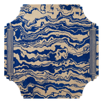 Blue and beige patterned rug on a white background