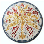Botanical Radiance Round Hand Tufted Wool Rug featuring a vibrant design with intricate floral patterns in red, yellow, and gray hues. Perfect as an area rug for living rooms, this large living room rug adds a touch of elegance and warmth to any space. The round wool rug showcases exquisite craftsmanship, ideal for enhancing the decor of your living room.