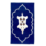 Bohemian White Elephant Royal Hand Tufted Wool Rug with a striking blue background, featuring an abstract white elephant design at its center. This large area rug is perfect for adding a touch of luxury to any bedroom. Ideal as a wool rug for bedrooms, it combines artistic flair and comfort, making it one of the best bedroom rugs available.