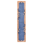 Elegant Chinoiserie blue floral wool hand-knotted runner rug with intricate floral designs along the edges, perfect for use as a bathroom runner rug, kitchen runner rug, or hallway runner rug.